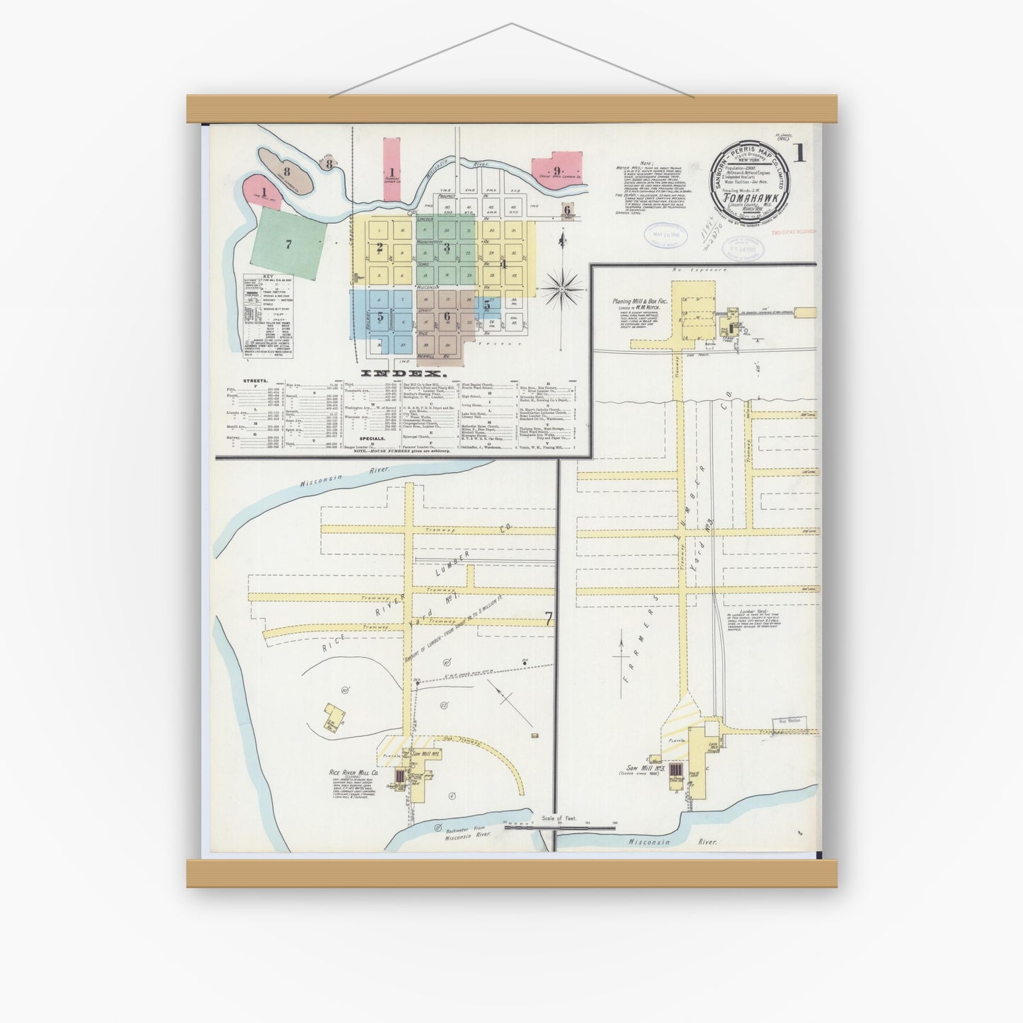 Old map wall art mockup — magnetic wood frame on white wall — Sanborn Fire Insurance Map from Tomahawk, Lincoln County, Wisconsin (1898), Sheet #0001