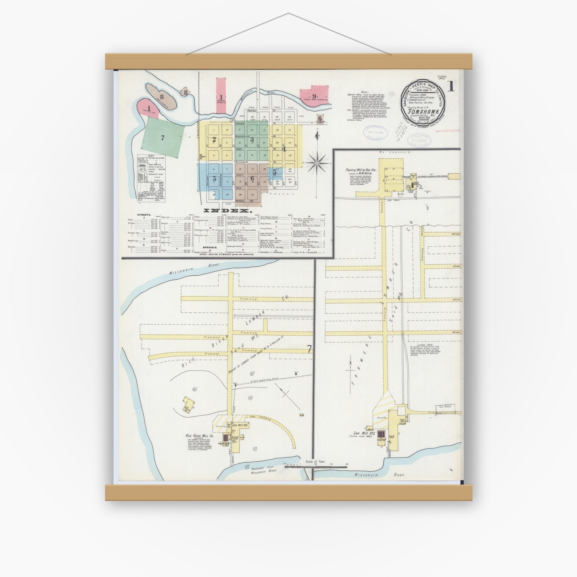 Old map wall art mockup — magnetic wood frame on white wall — Sanborn Fire Insurance Map from Tomahawk, Lincoln County, Wisconsin (1898), Sheet #0001