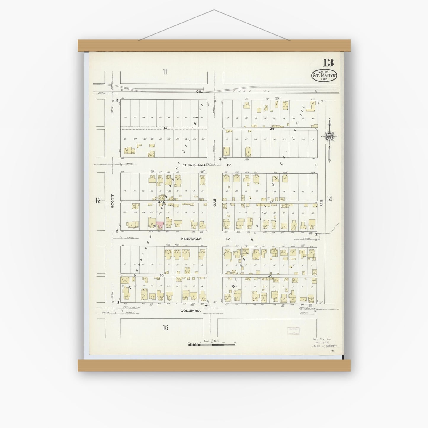 Old map wall art mockup — magnetic wood frame on white wall — Sanborn Fire Insurance Map from Saint Marys, Auglaize County, Ohio (1914), Sheet #0013