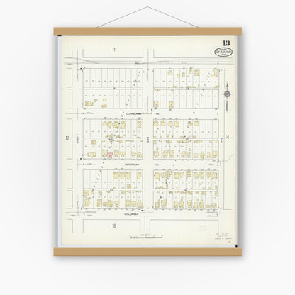 Old map wall art mockup — magnetic wood frame on white wall — Sanborn Fire Insurance Map from Saint Marys, Auglaize County, Ohio (1914), Sheet #0013