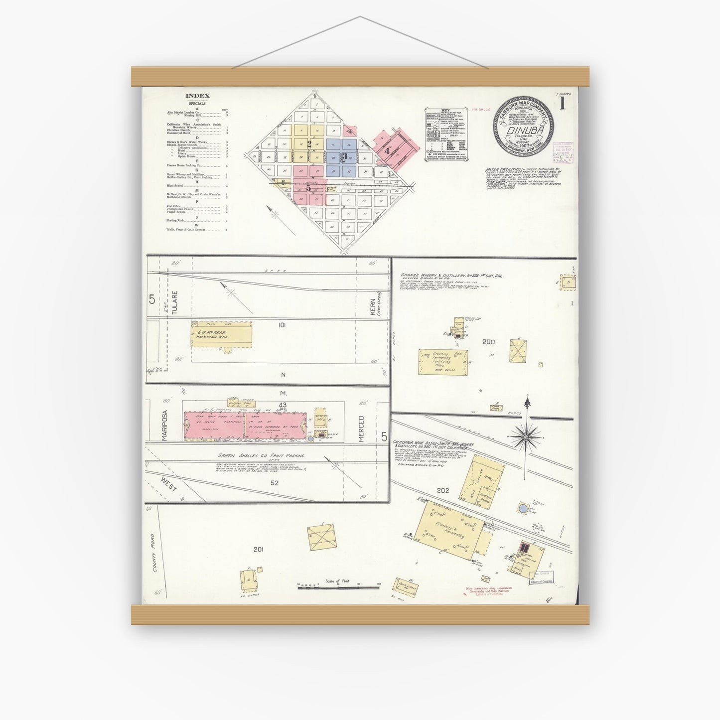 Old map wall art mockup — magnetic wood frame on white wall — Sanborn Fire Insurance Map from Dinuba, Tulare County, California (1907) - Complete Map Set