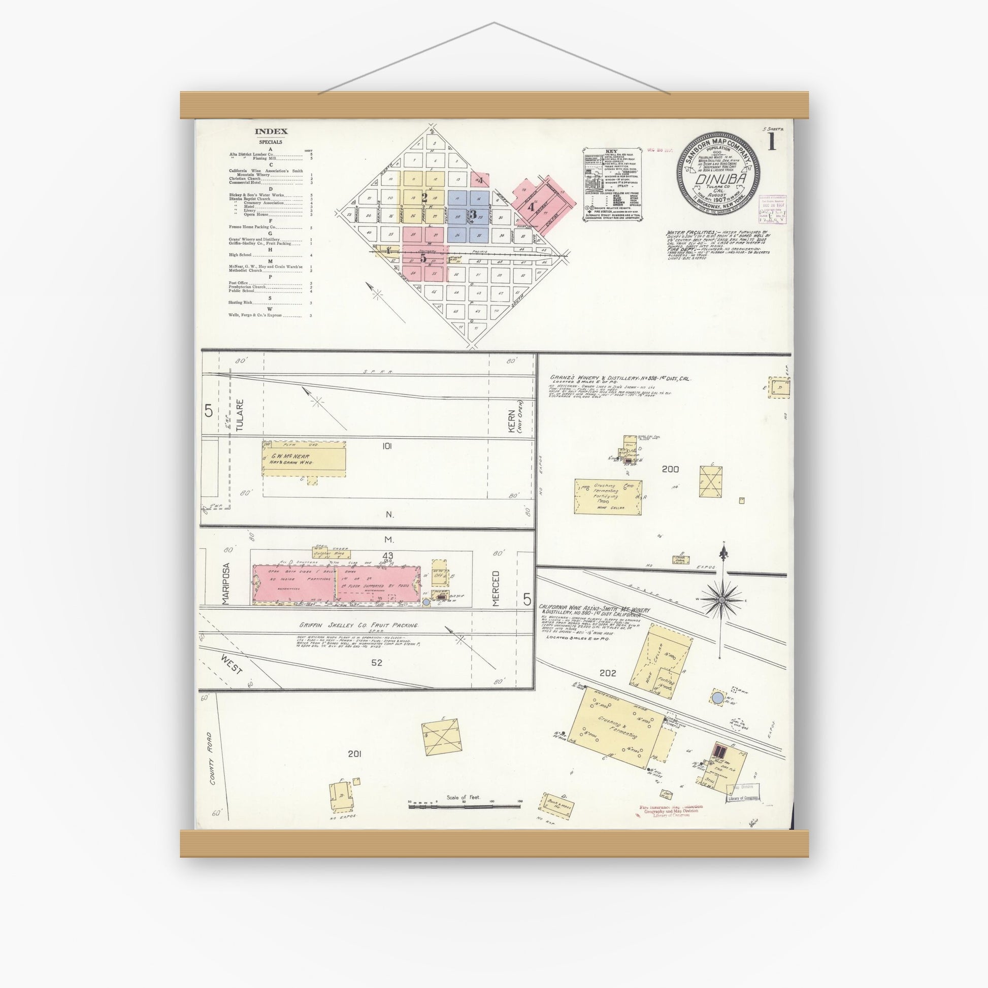 Old map wall art mockup — magnetic wood frame on white wall — Sanborn Fire Insurance Map from Dinuba, Tulare County, California (1907) - Complete Map Set