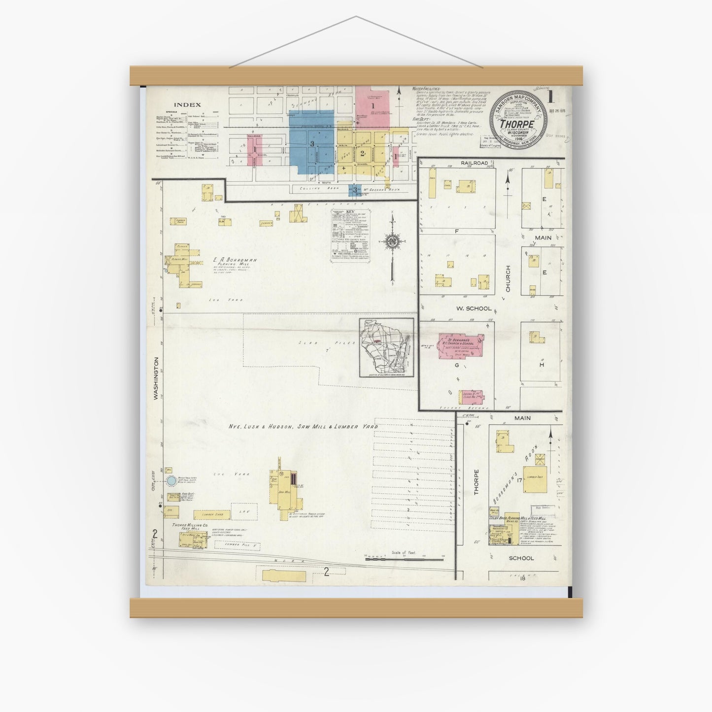 Old map wall art mockup — magnetic wood frame on white wall — Sanborn Fire Insurance Map from Thorpe, Clark County, Wisconsin (1916) - Complete Map Set