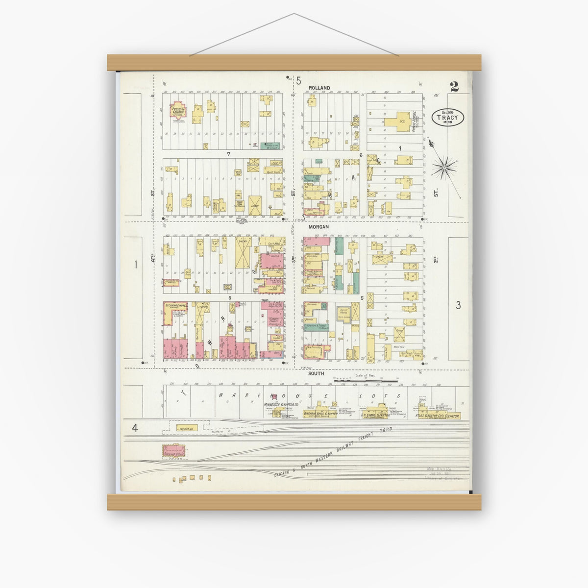 Old map wall art mockup — magnetic wood frame on white wall — Sanborn Fire Insurance Map from Tracy, Lyon County, Minnesota (1899), Sheet #0002