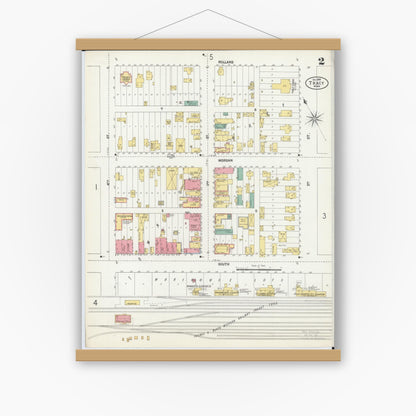 Old map wall art mockup — magnetic wood frame on white wall — Sanborn Fire Insurance Map from Tracy, Lyon County, Minnesota (1899), Sheet #0002