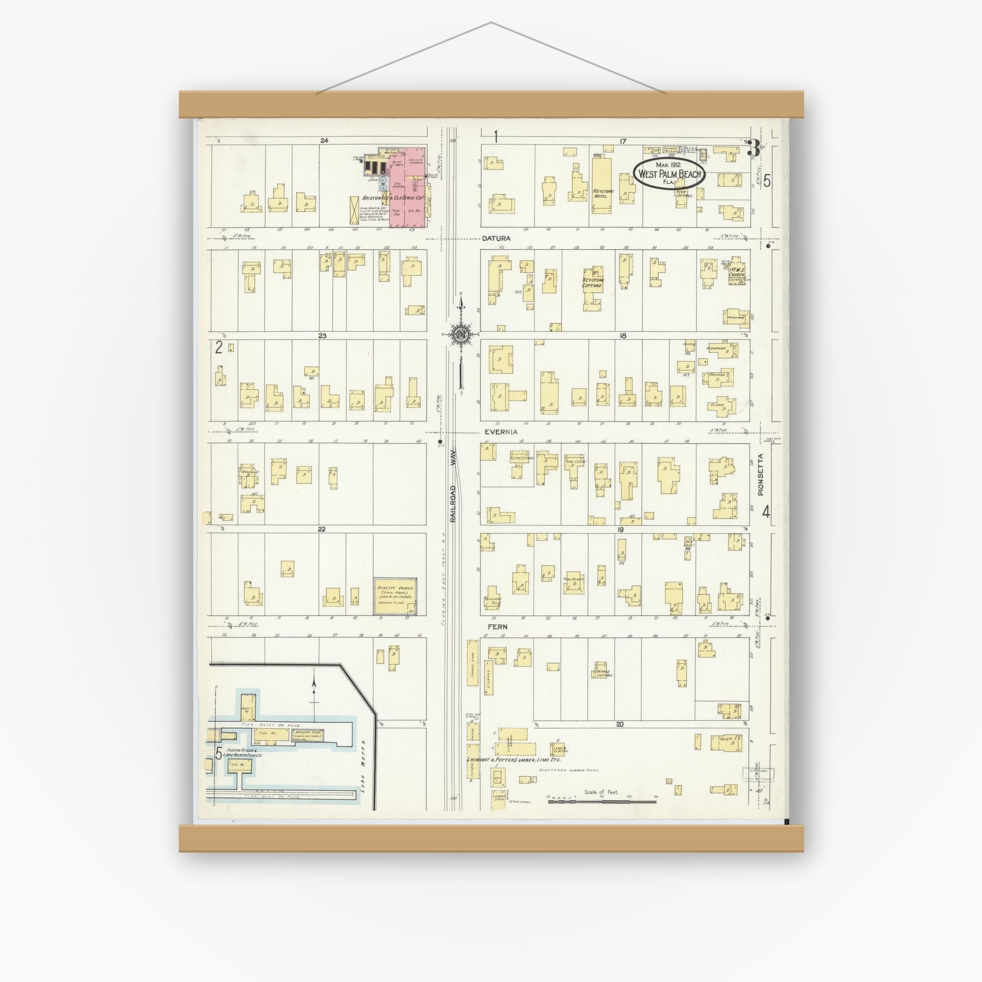 Old map wall art mockup — magnetic wood frame on white wall — Sanborn Fire Insurance Map from West Palm Beach, Dade County, Florida (1912), Sheet #0003