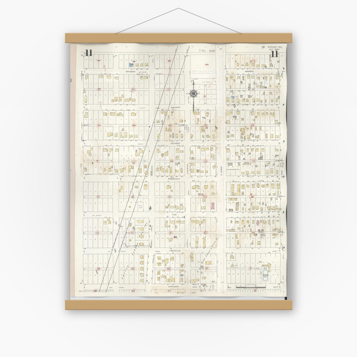Old map wall art mockup — magnetic wood frame on white wall — Sanborn Fire Insurance Map from Borger, Hutchinson County, Texas (1950), Sheet #0011