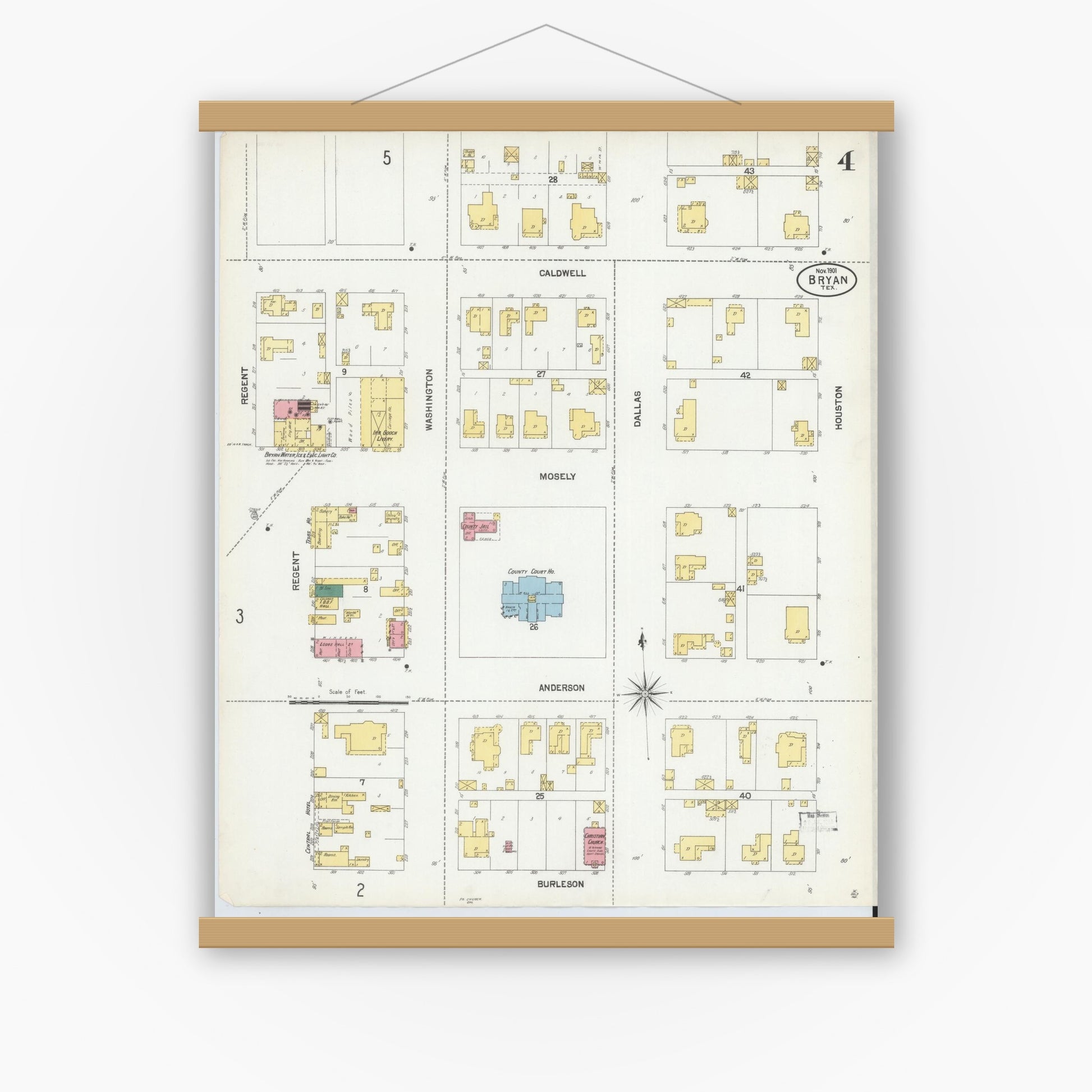 Old map wall art mockup — magnetic wood frame on white wall — Sanborn Fire Insurance Map from Bryan, Brazos County, Texas (1901), Sheet #0004