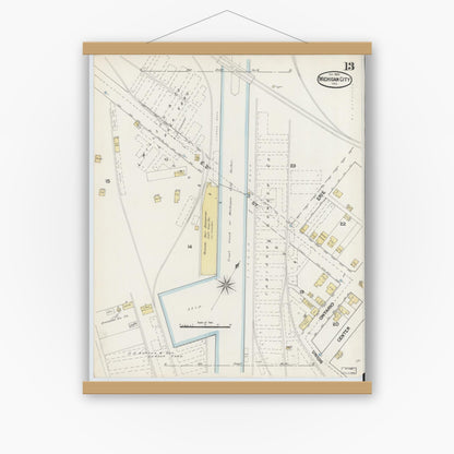 Old map wall art mockup — magnetic wood frame on white wall — Sanborn Fire Insurance Map from Michigan City, La Porte County, Indiana (1889), Sheet #0013