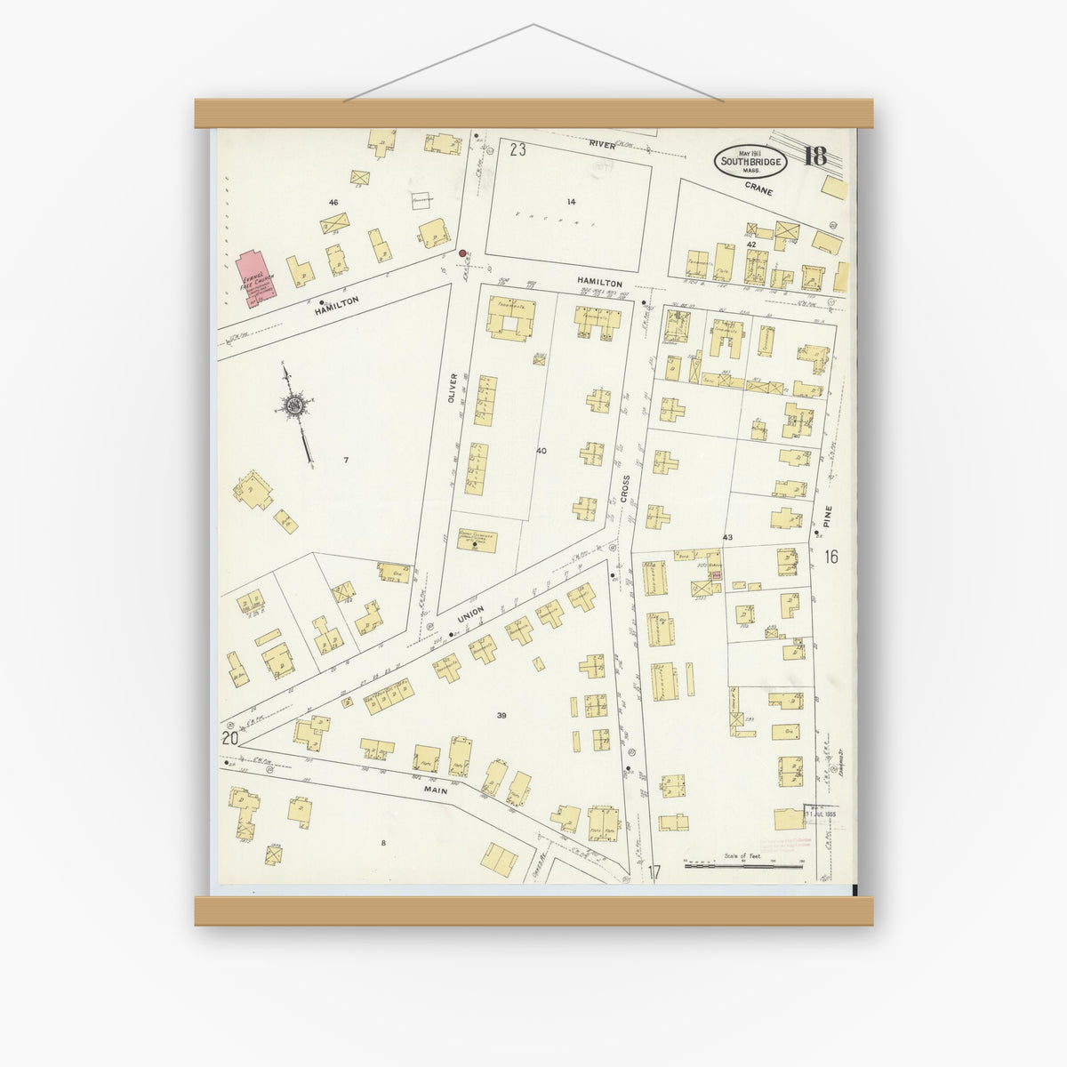 Old map wall art mockup — magnetic wood frame on white wall — Sanborn Fire Insurance Map from Southbridge, Worcester County, Massachusetts (1911), Sheet #0018