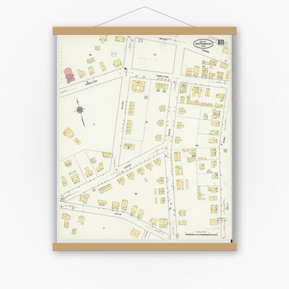 Old map wall art mockup — magnetic wood frame on white wall — Sanborn Fire Insurance Map from Southbridge, Worcester County, Massachusetts (1911), Sheet #0018