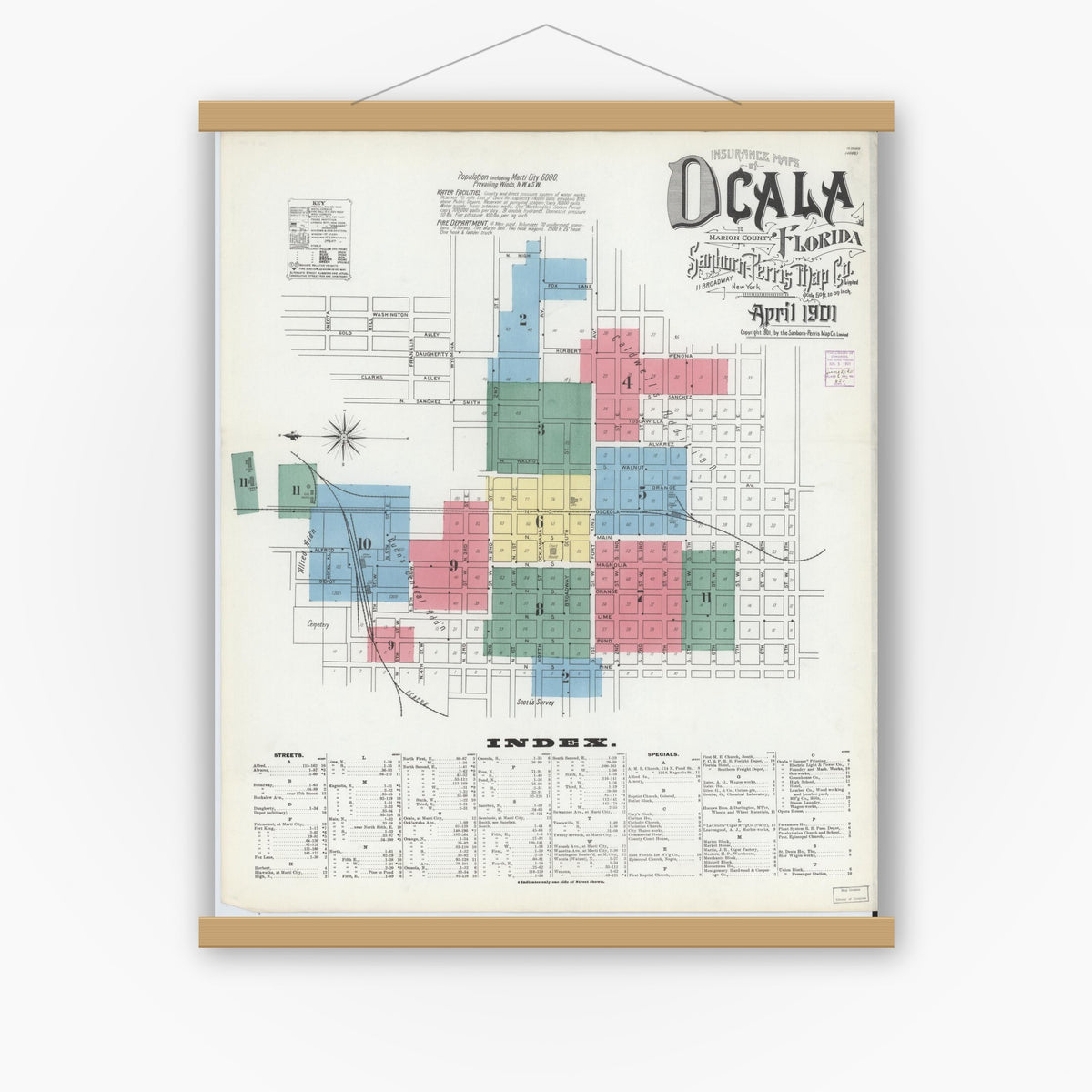Old map wall art mockup — magnetic wood frame on white wall — Sanborn Fire Insurance Map from Ocala, Marion County, Florida (1901) - Complete Map Set