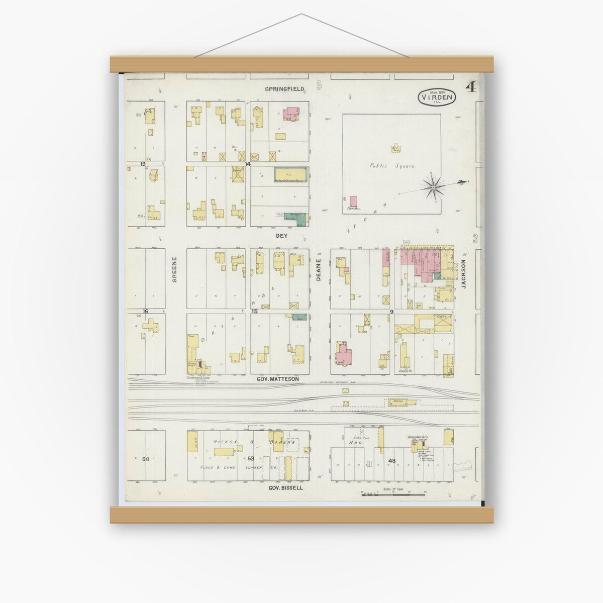 Old map wall art mockup — magnetic wood frame on white wall — Sanborn Fire Insurance Map from Virden, Macoupin County, Illinois (1894), Sheet #0004