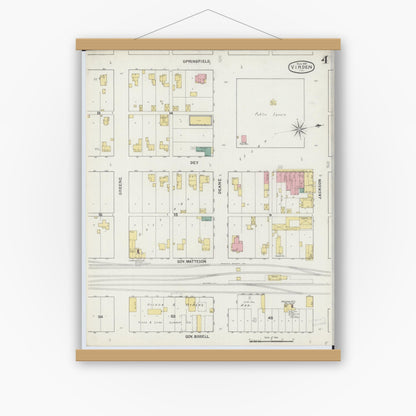 Old map wall art mockup — magnetic wood frame on white wall — Sanborn Fire Insurance Map from Virden, Macoupin County, Illinois (1894), Sheet #0004