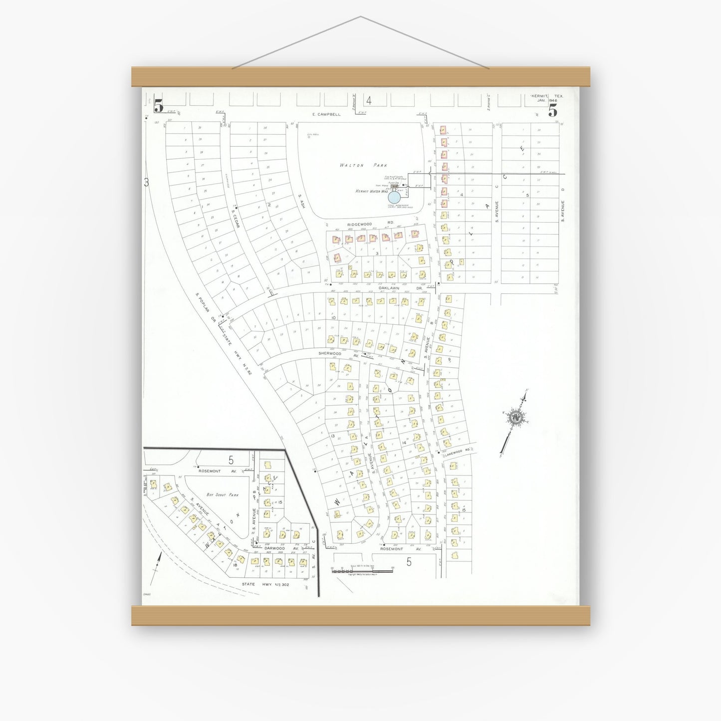 Old map wall art mockup — magnetic wood frame on white wall — Sanborn Fire Insurance Map from Kermit, Winkler County, Texas (1946), Sheet #0005