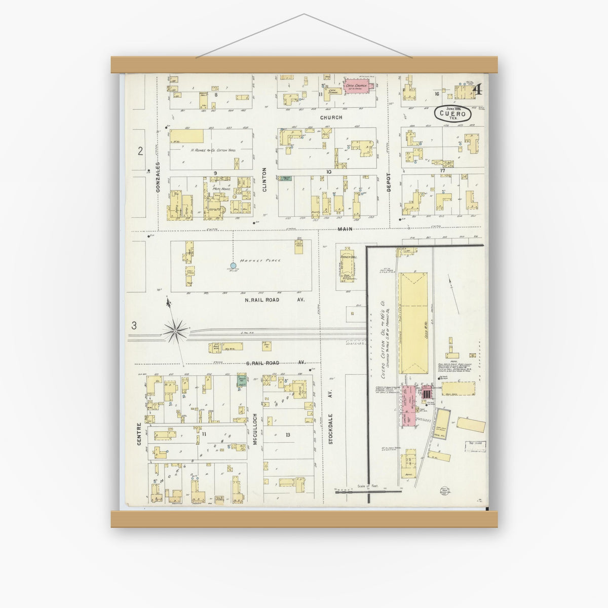 Old map wall art mockup — magnetic wood frame on white wall — Sanborn Fire Insurance Map from Cuero, De Witt County, Texas (1896), Sheet #0004