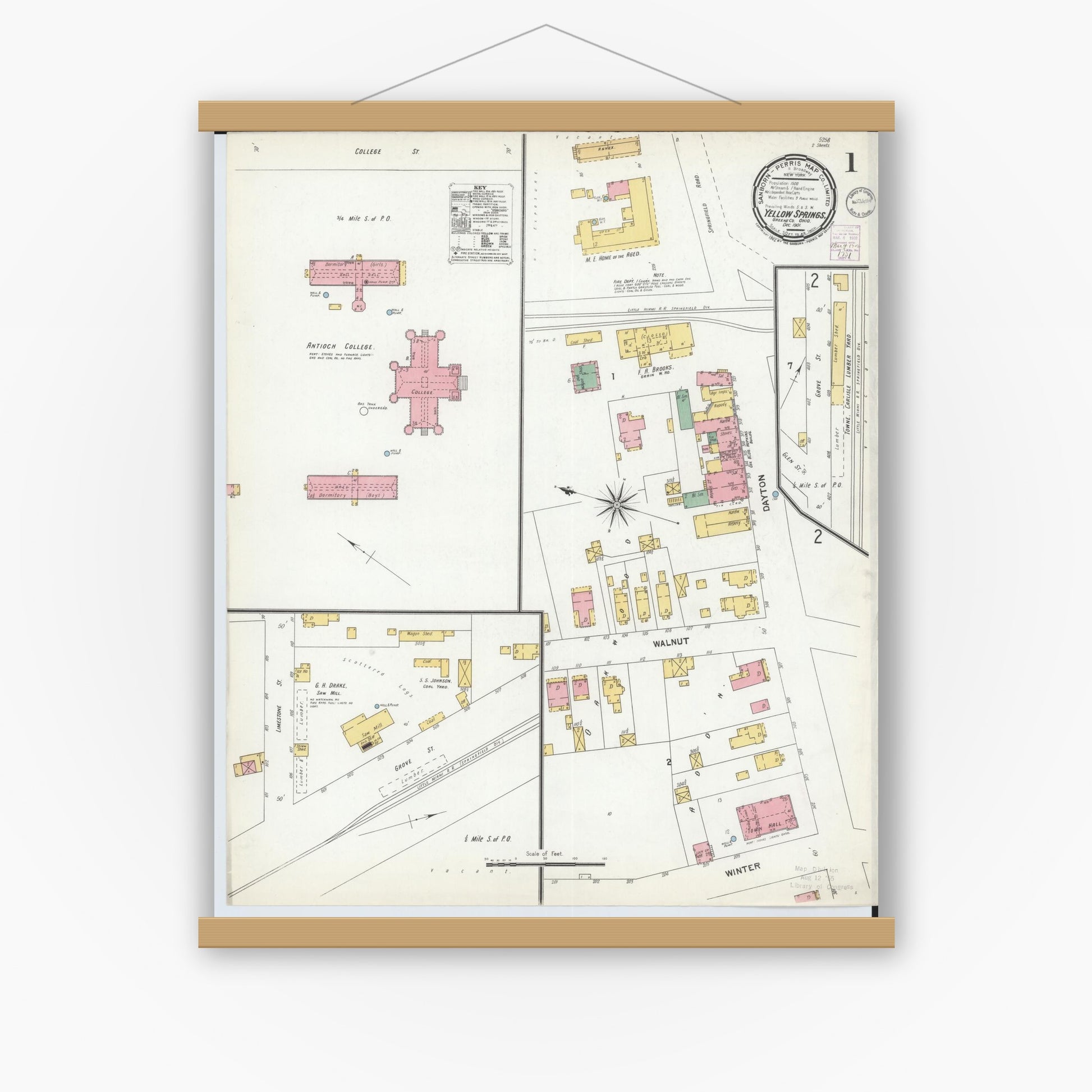 Old map wall art mockup — magnetic wood frame on white wall — Sanborn Fire Insurance Map from Yellow Springs, Greene County, Ohio (1901), Sheet #0001