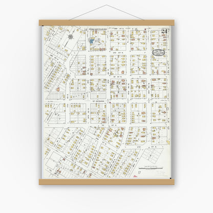Old map wall art mockup — magnetic wood frame on white wall — Sanborn Fire Insurance Map from Saint Cloud, Stearns, Benton, and Sherburne Counties, Minnesota (1919), Sheet #0024