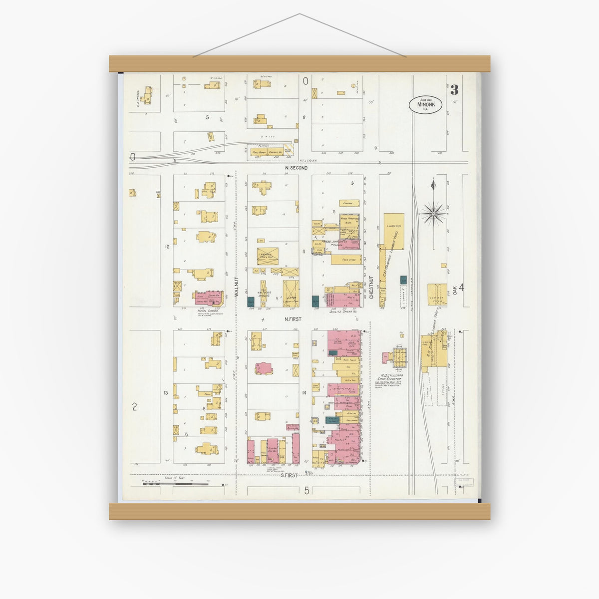 Old map wall art mockup — magnetic wood frame on white wall — Sanborn Fire Insurance Map from Minonk, Woodford County, Illinois (1906), Sheet #0003