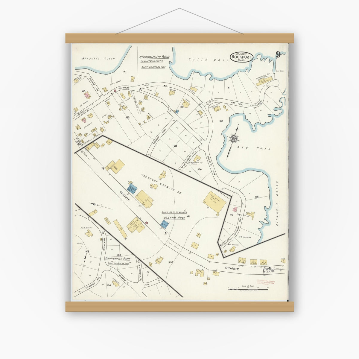 Old map wall art mockup — magnetic wood frame on white wall — Sanborn Fire Insurance Map from Rockport, Essex County, Massachusetts (1917), Sheet #0009
