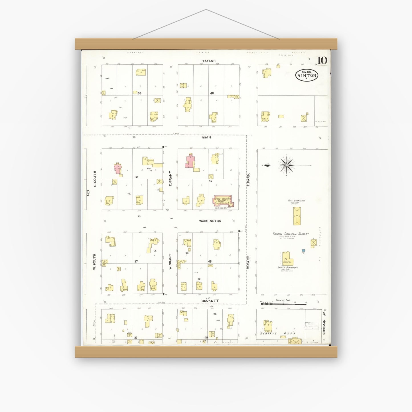 Old map wall art mockup — magnetic wood frame on white wall — Sanborn Fire Insurance Map from Vinton, Benton County, Iowa (1906), Sheet #0010