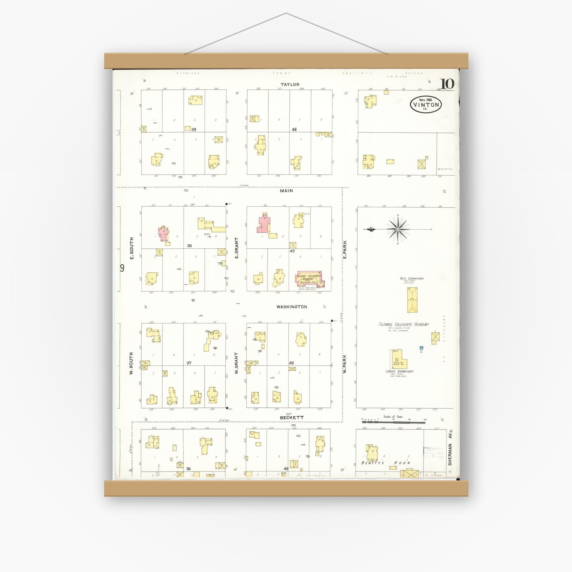 Old map wall art mockup — magnetic wood frame on white wall — Sanborn Fire Insurance Map from Vinton, Benton County, Iowa (1906), Sheet #0010