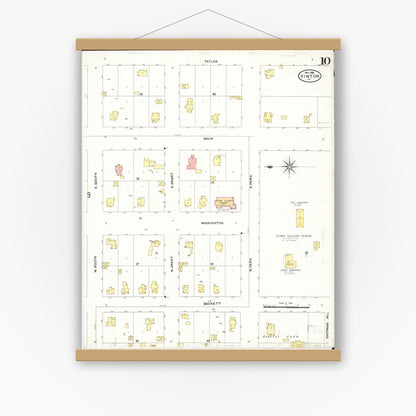 Old map wall art mockup — magnetic wood frame on white wall — Sanborn Fire Insurance Map from Vinton, Benton County, Iowa (1906), Sheet #0010