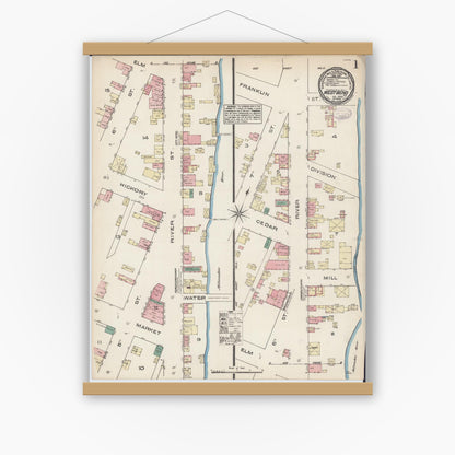 Old map wall art mockup — magnetic wood frame on white wall — Sanborn Fire Insurance Map from West Bend, Washington County, Wisconsin (1884), Sheet #0001