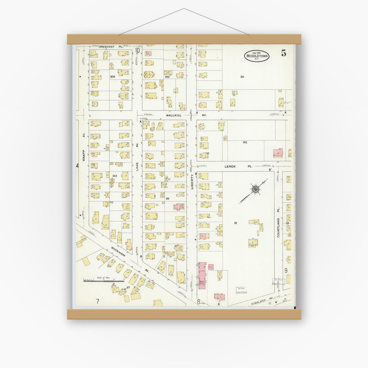 Old map wall art mockup — magnetic wood frame on white wall — Sanborn Fire Insurance Map from Middletown, Orange County, New York (1910), Sheet #0005