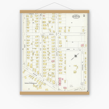 Old map wall art mockup — magnetic wood frame on white wall — Sanborn Fire Insurance Map from Middletown, Orange County, New York (1910), Sheet #0005