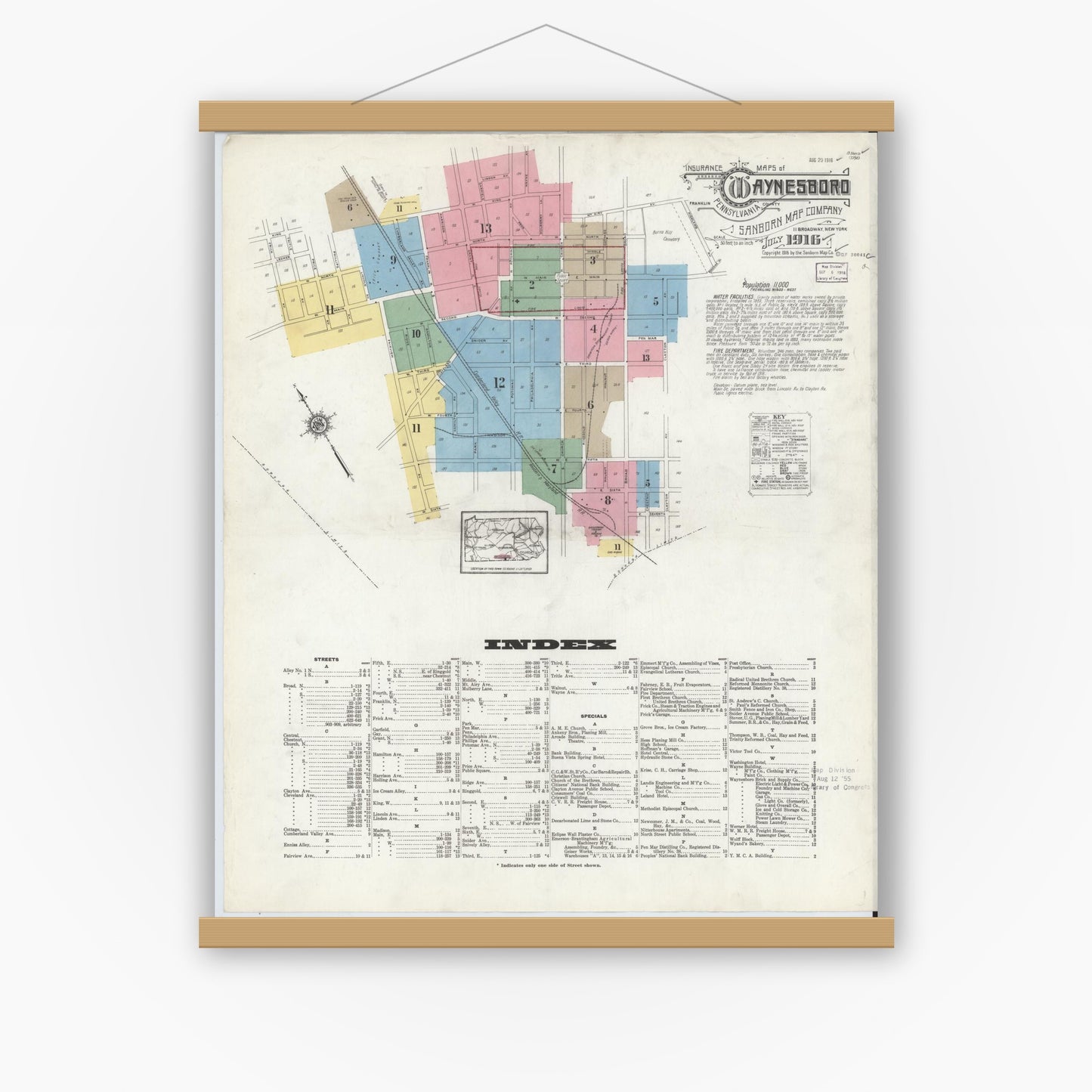 Old map wall art mockup — magnetic wood frame on white wall — Sanborn Fire Insurance Map from Waynesboro, Franklin County, Pennsylvania (1916) - Complete Map Set