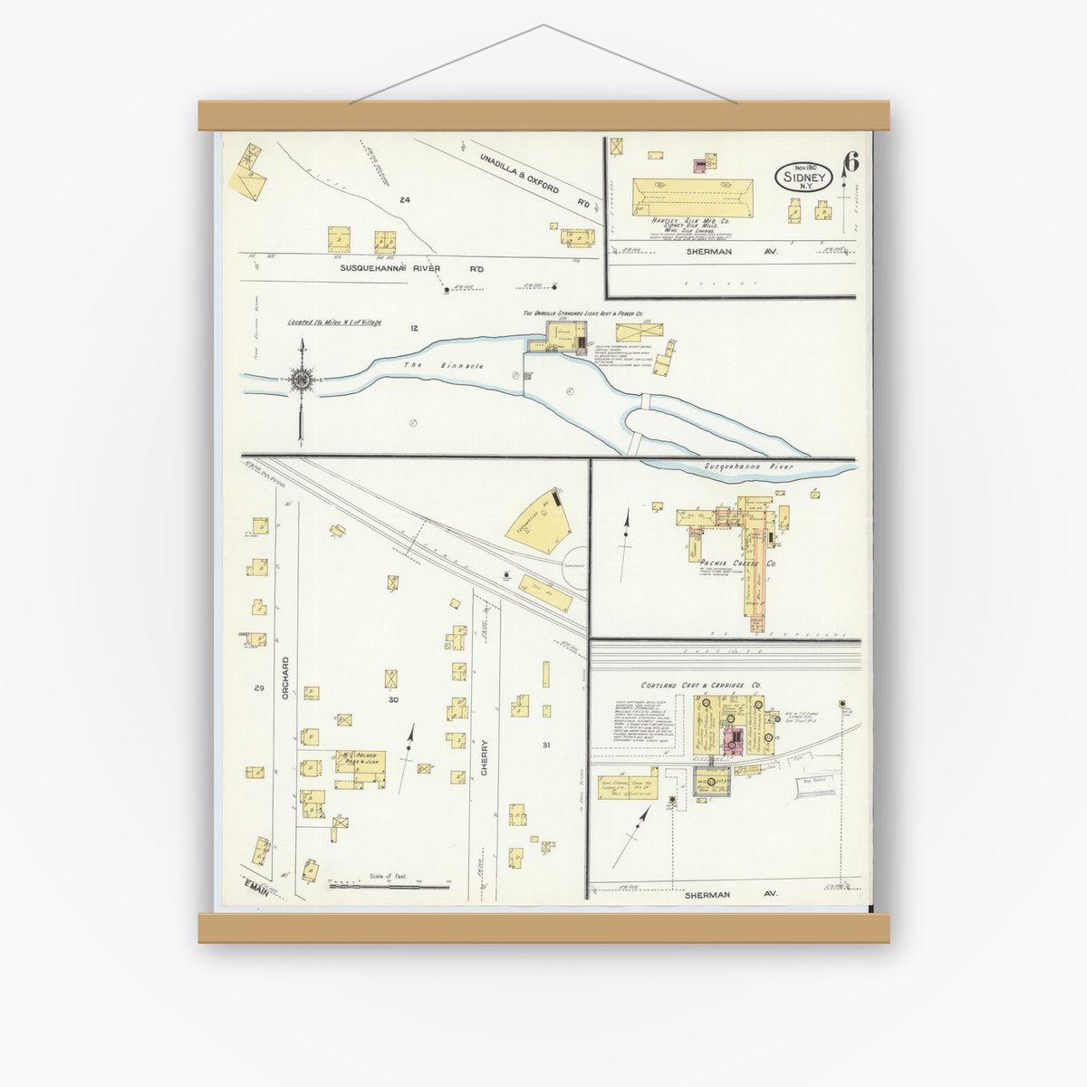 Old map wall art mockup — magnetic wood frame on white wall — Sanborn Fire Insurance Map from Sidney, Delaware County, New York (1910), Sheet #0006