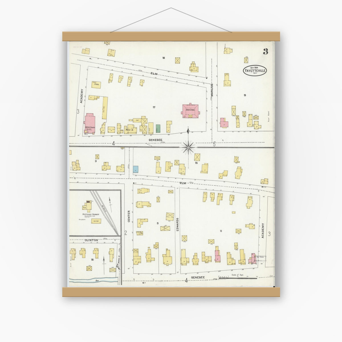 Old map wall art mockup — magnetic wood frame on white wall — Sanborn Fire Insurance Map from Fayetteville, Onondaga County, New York (1904), Sheet #0003