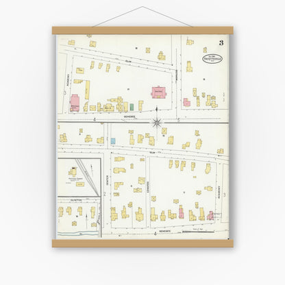 Old map wall art mockup — magnetic wood frame on white wall — Sanborn Fire Insurance Map from Fayetteville, Onondaga County, New York (1904), Sheet #0003