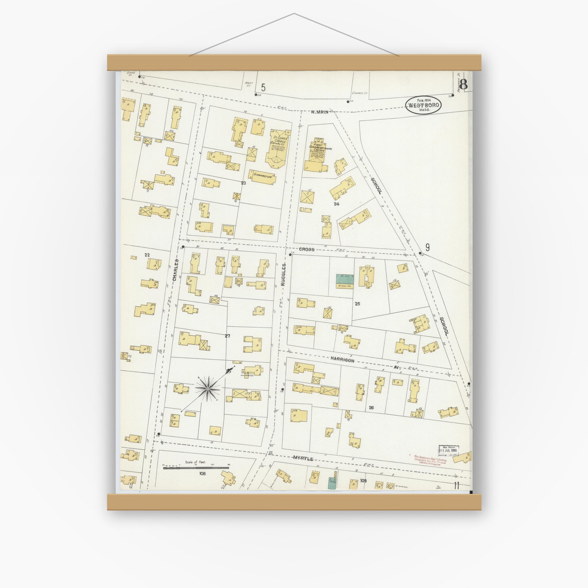 Old map wall art mockup — magnetic wood frame on white wall — Sanborn Fire Insurance Map from Westboro, Worcester County, Massachusetts (1904), Sheet #0008