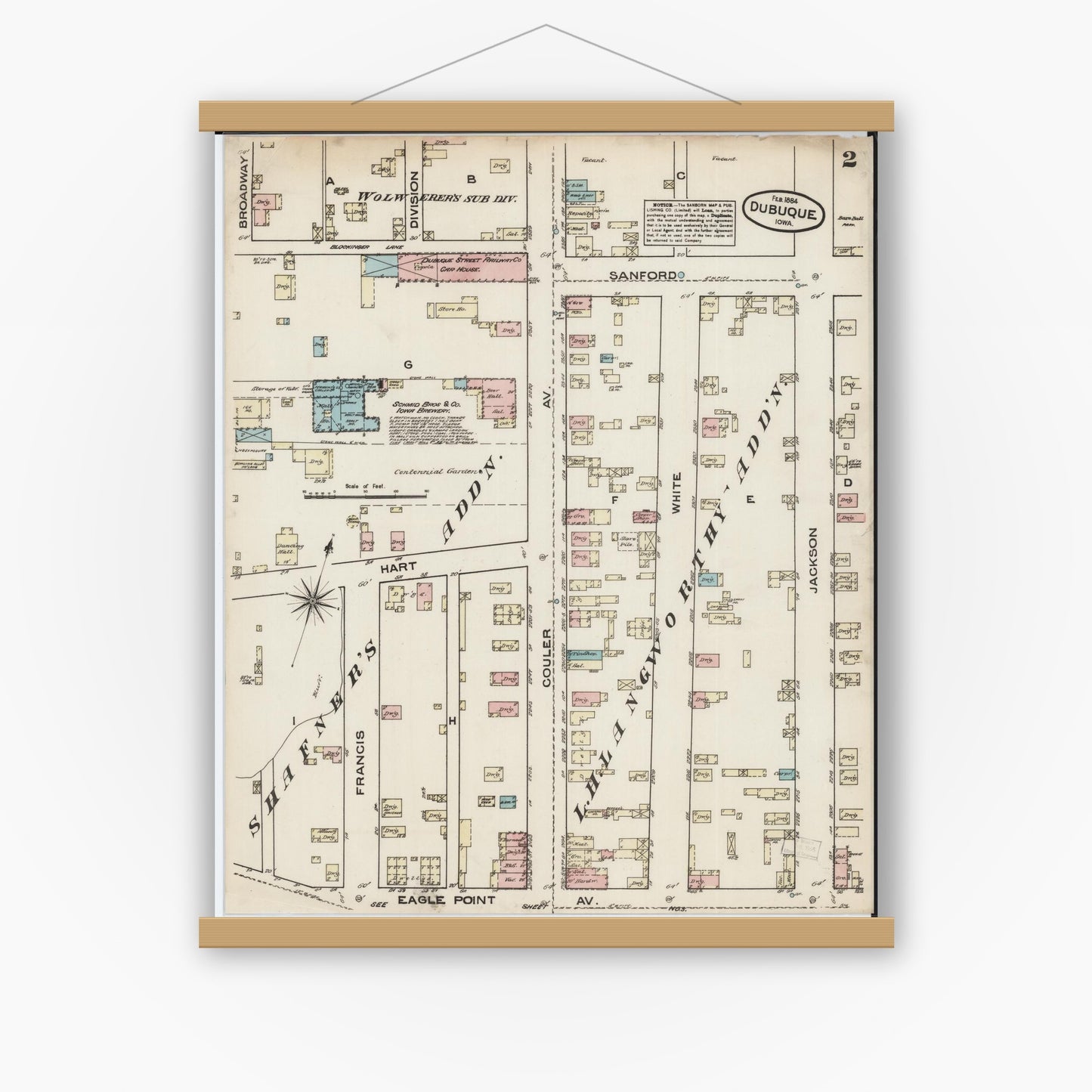 Old map wall art mockup — magnetic wood frame on white wall — Sanborn Fire Insurance Map from Dubuque, Dubuque County, Iowa (1884) â€” Complete Set