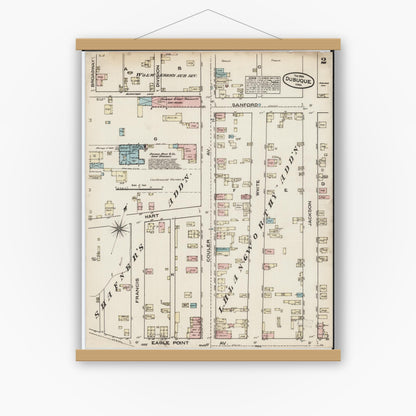 Old map wall art mockup — magnetic wood frame on white wall — Sanborn Fire Insurance Map from Dubuque, Dubuque County, Iowa (1884) â€” Complete Set