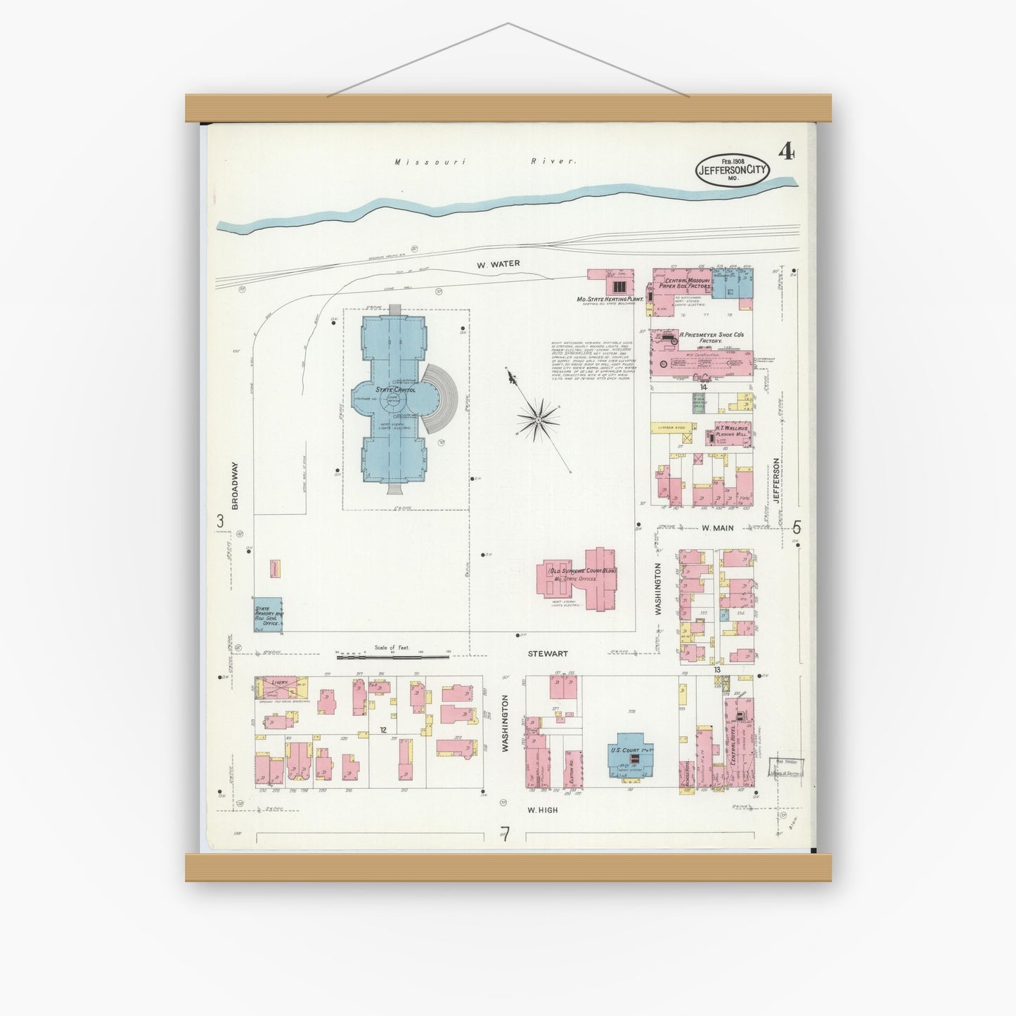 Old map wall art mockup — magnetic wood frame on white wall — Sanborn Fire Insurance Map from Jefferson City, Cole County, Missouri (1908), Sheet #0004