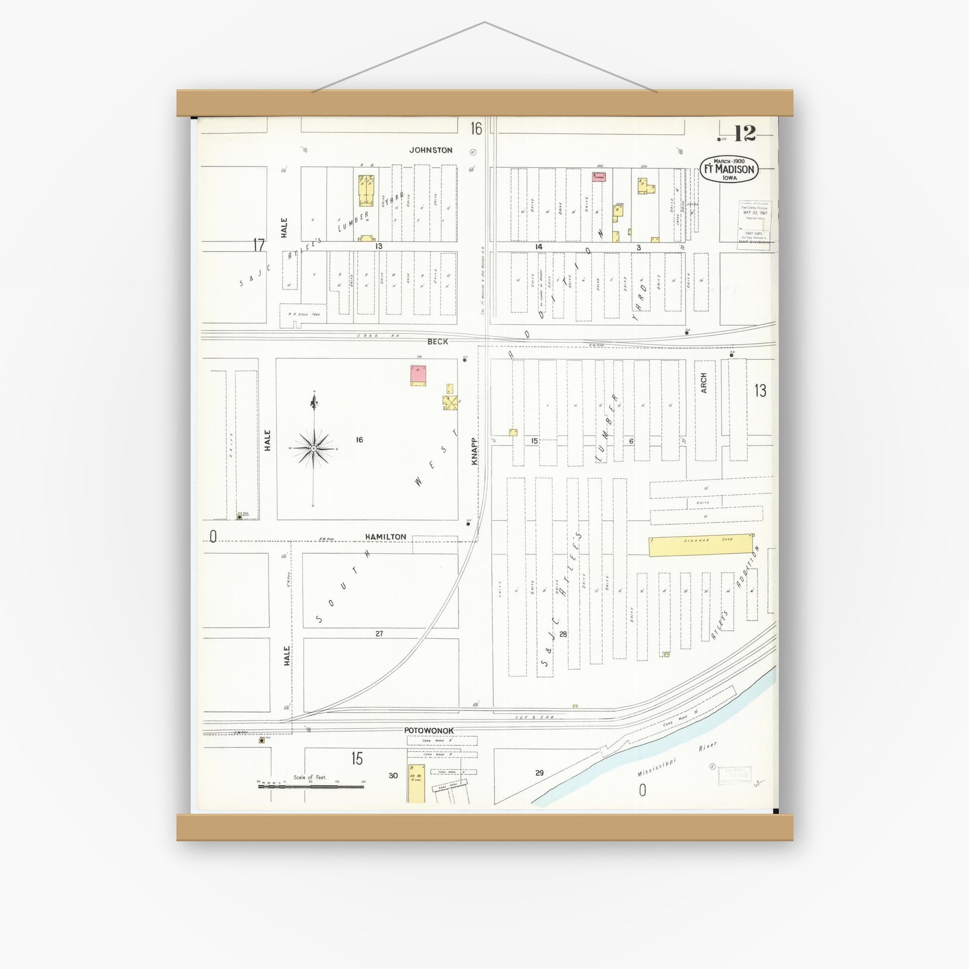 Old map wall art mockup — magnetic wood frame on white wall — Sanborn Fire Insurance Map from Fort Madison, Lee County, Iowa (1900), Sheet #0012