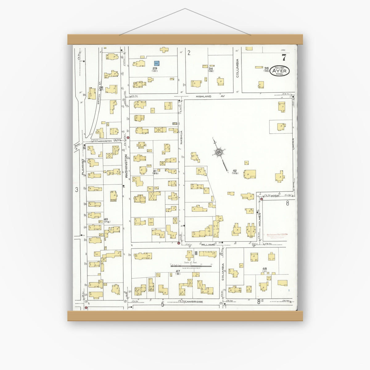 Old map wall art mockup — magnetic wood frame on white wall — Sanborn Fire Insurance Map from Ayer, Middlesex County, Massachusetts (1921), Sheet #0007