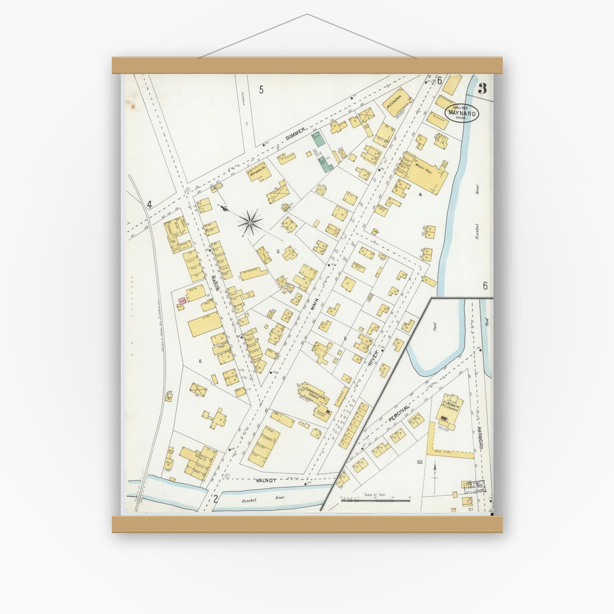 Old map wall art mockup — magnetic wood frame on white wall — Sanborn Fire Insurance Map from Maynard, Middlesex County, Massachusetts (1904), Sheet #0003