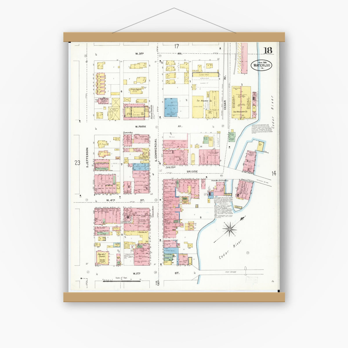Old map wall art mockup — magnetic wood frame on white wall — Sanborn Fire Insurance Map from Waterloo, Black Hawk County, Iowa (1906), Sheet #0018