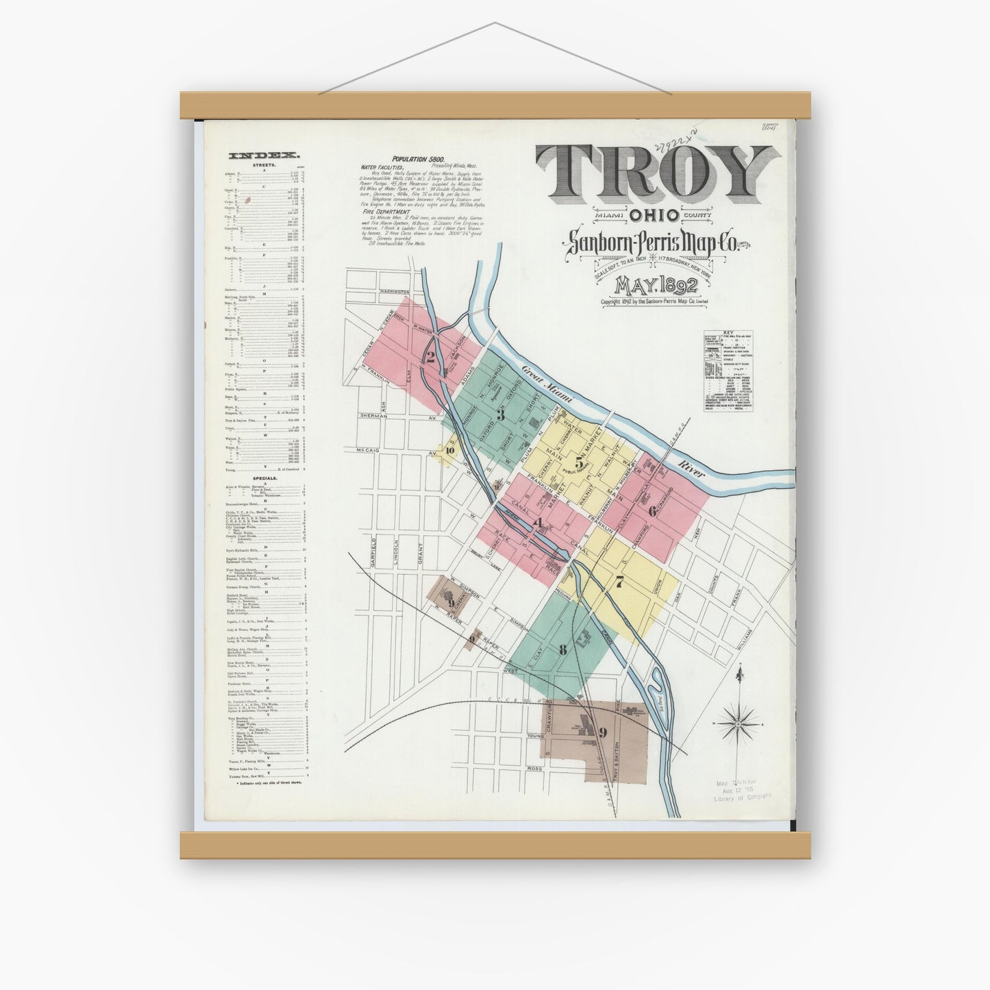 Old map wall art mockup — magnetic wood frame on white wall — Sanborn Fire Insurance Map from Troy, Miami County, Ohio (1892), Sheet #0001
