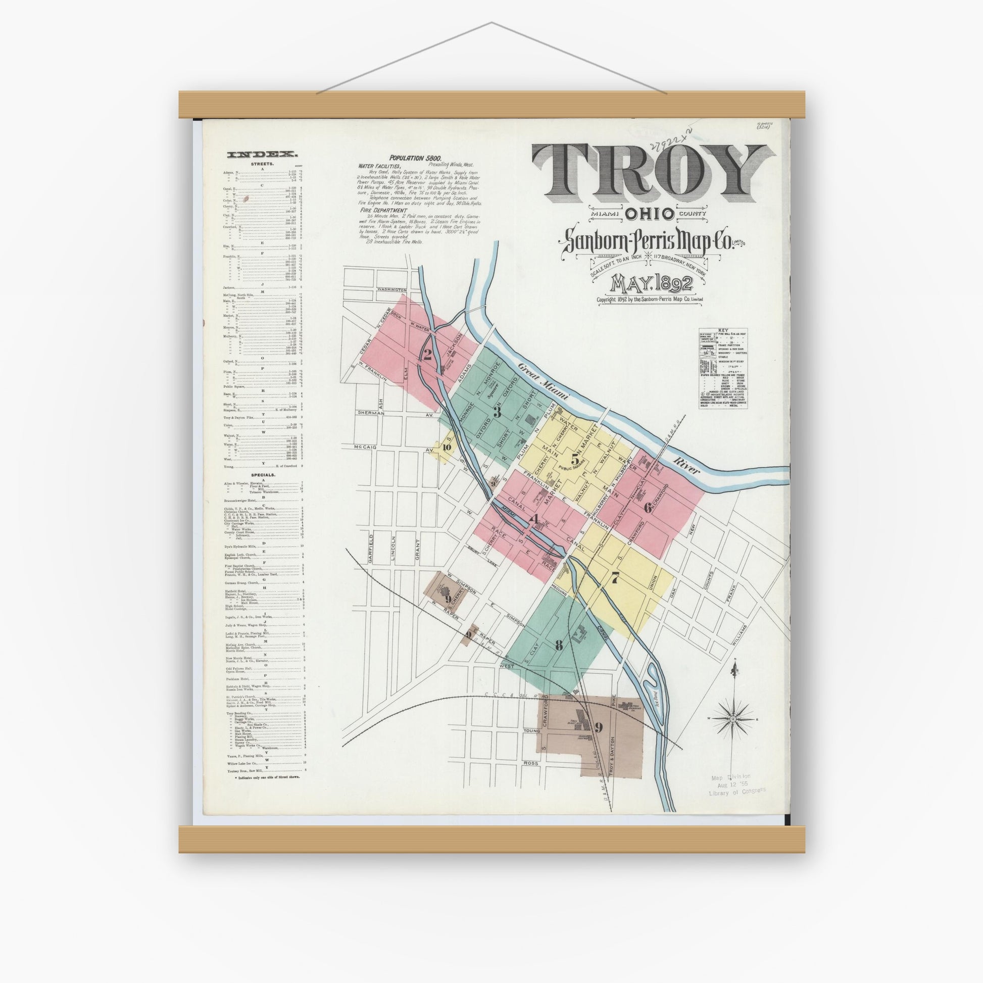 Old map wall art mockup — magnetic wood frame on white wall — Sanborn Fire Insurance Map from Troy, Miami County, Ohio (1892), Sheet #0001