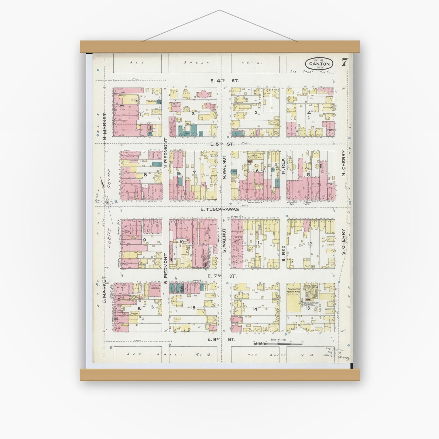 Old map wall art mockup — magnetic wood frame on white wall — Sanborn Fire Insurance Map from Canton, Stark County, Ohio (1891), Sheet #0007