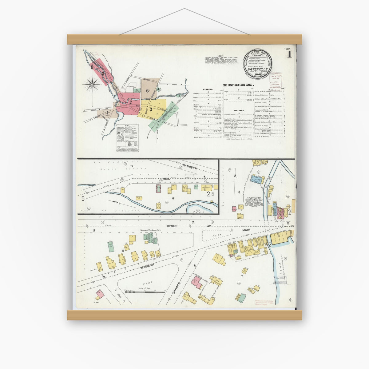 Old map wall art mockup — magnetic wood frame on white wall — Sanborn Fire Insurance Map from Waterville, Oneida County, New York (1899) - Complete Map Set