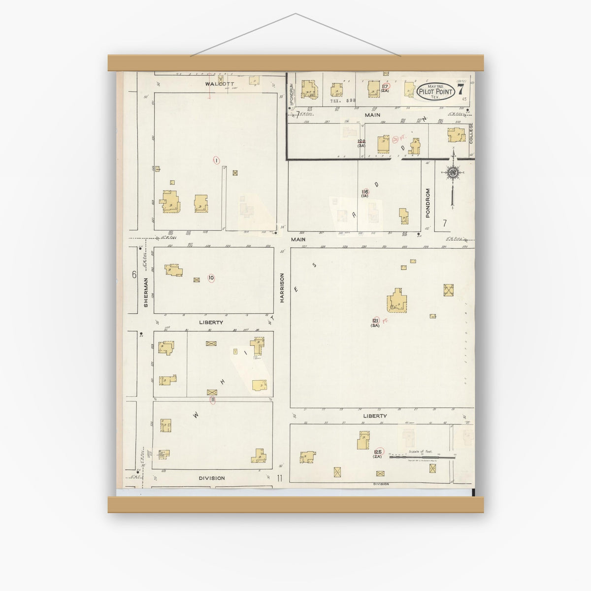 Old map wall art mockup — magnetic wood frame on white wall — Sanborn Fire Insurance Map from Pilot Point, Denton County, Texas (1940), Sheet #0007