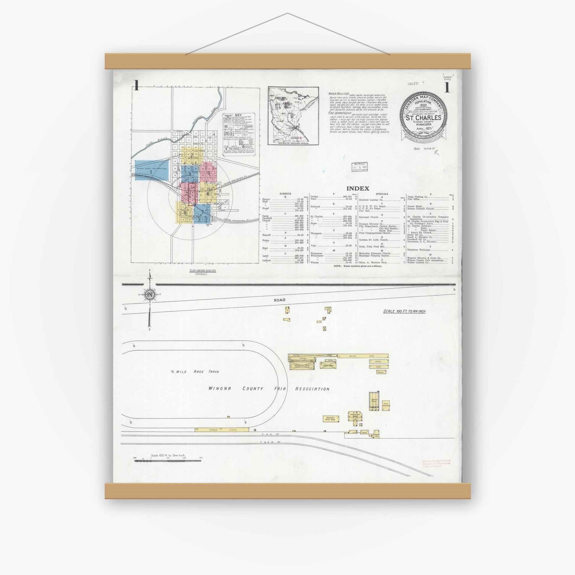 Old map wall art mockup — magnetic wood frame on white wall — Sanborn Fire Insurance Map from Saint Charles, Winona County, Minnesota (1927), Sheet #0001