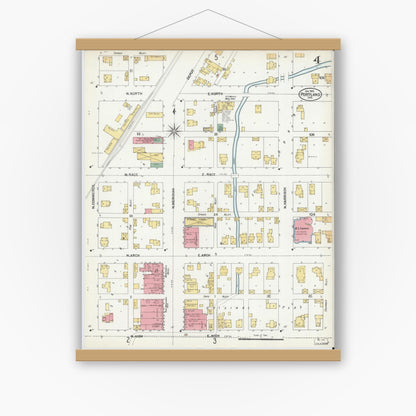 Old map wall art mockup — magnetic wood frame on white wall — Sanborn Fire Insurance Map from Portland, Jay County, Indiana (1902), Sheet #0004