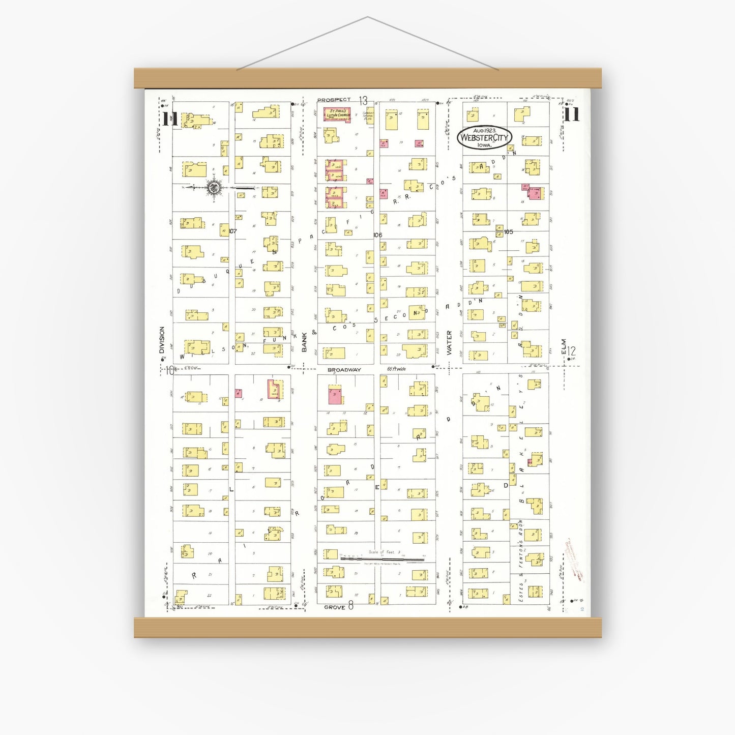 Old map wall art mockup — magnetic wood frame on white wall — Sanborn Fire Insurance Map from Webster City, Hamilton County, Iowa (1923), Sheet #0011
